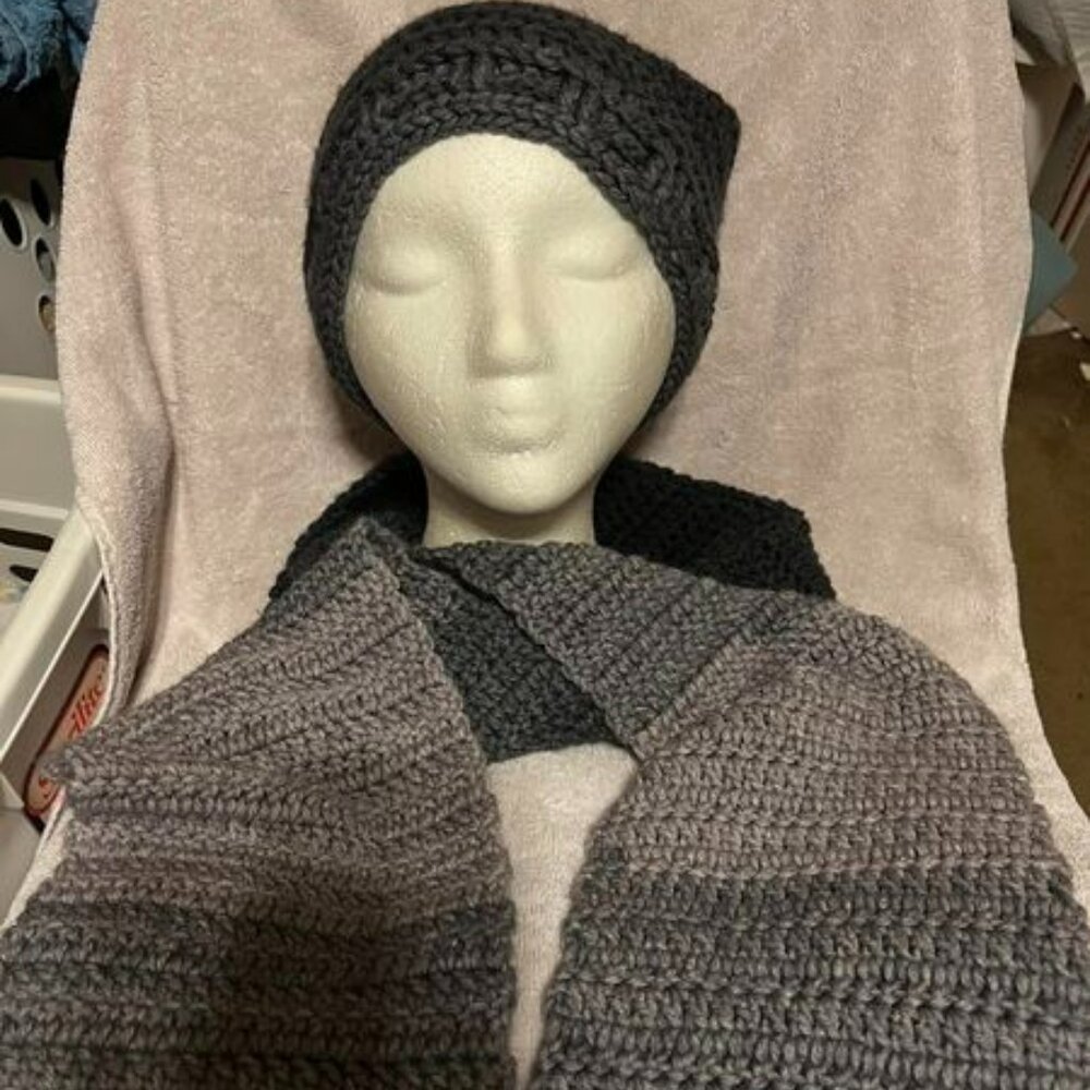 New Hand-Crocheted Black to Gray Ombre Hat (22-27" Circumference) and Scarf (6.5
